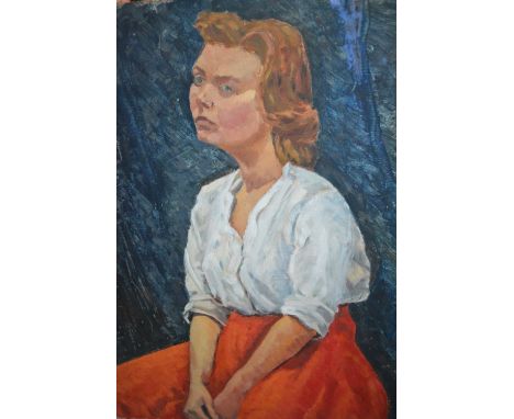Modern British school, oil on board, portrait of a lady wearing a red skirt, 30ins x 24ins approximately (unframed)