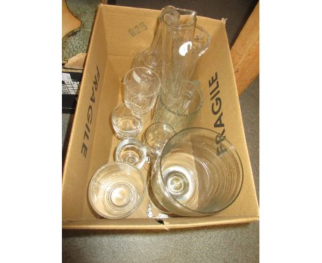 Large plain glass pedestal goblet, an antique facet cut decanter together with various mugs, pedestal glasses and a beaker