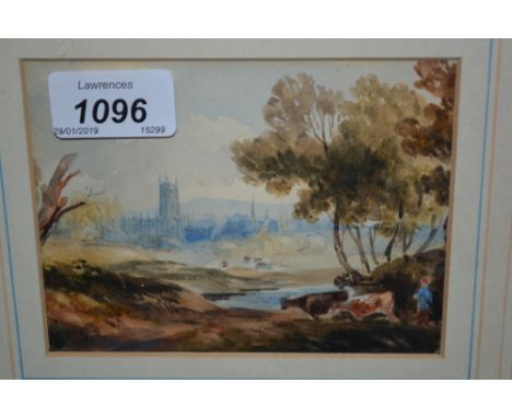 John Berney Crome, small watercolour sketch, figure with cattle in a landscape and distant cathedral, gilt framed, inscribed 