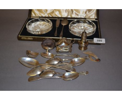 Three piece silver condiment set, cased pair of glass preserve dishes with silver spoon and knife, silver caddy spoon and a q