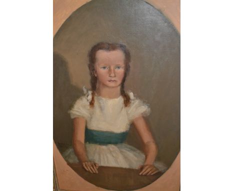 Oil on board, portrait of a girl wearing a white dress and blue sash, painted in oval, in a rectangular gilt frame, indistinc