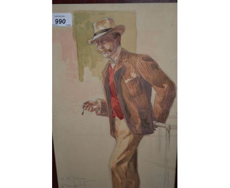 Watercolour and pencil drawing, portrait of an elegant gentleman in a striped blazer, indistinctly inscribed and signed, date