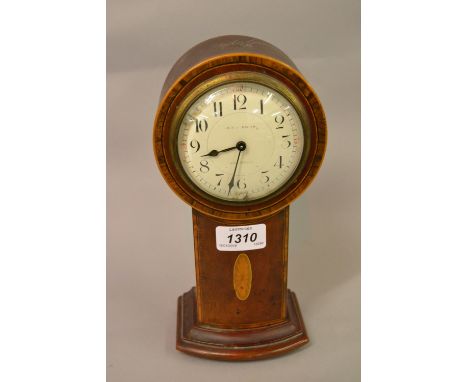 Small Edwardian mahogany crossbanded and inlaid drum form pedestal mantel clock (at fault) together with an Edwardian mahogan