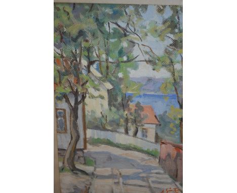 Mid 20th Century Belgian school, mixed media on board, view of a house and lake through trees, indistinctly signed, 16ins x 1