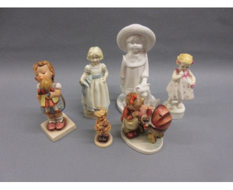 Two Royal Worcester porcelain figures of girls, Spode figure of a girl with teddy bear and three Hummel figures of children