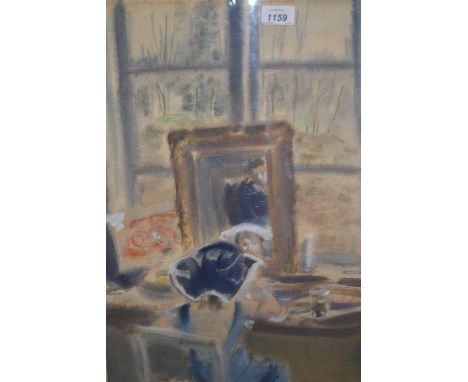 Stig Millison, signed mixed media on paper, study of a child seated at a dressing table, 21ins x 14.5ins