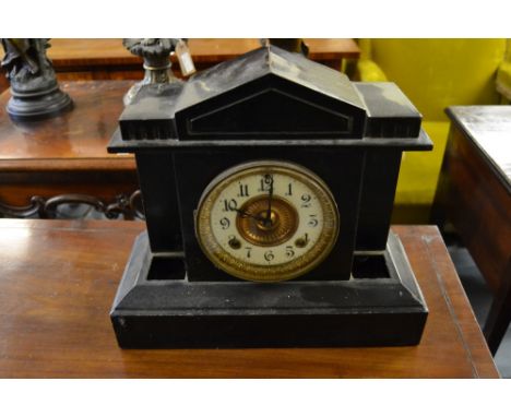 Two 19th Century black slate mantel clocks (at fault), together with a similar metal cased mantel clock