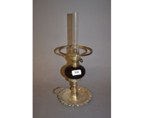 19th Century plated chamber candlestick converted to an oil lamp with a cranberry glass well CONDITION REPORT In good conditi