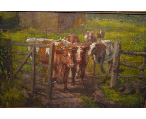 Oil on canvas laid onto board, drover with cattle by a field gate, 8ins x 11ins