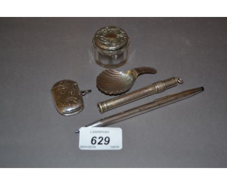Early 19th Century silver caddy spoon, small silver vesta case, silver topped glass dressing table bottle and two silver penc