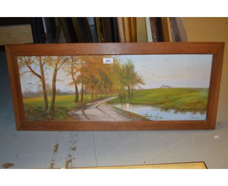 R.D. Sherrin, mixed media, country scene with lane beside a pond, 12ins x 28ins, oak framed