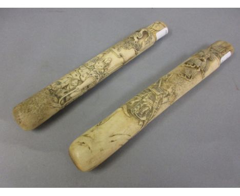 Pair of Japanese Meiji period carved ivory chopstick cases CONDITION REPORT Both in ok condition, just yellowing to bone case