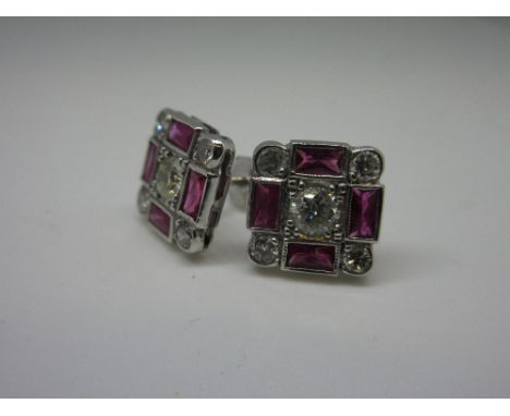 Pair of 18ct white gold ruby and diamond cluster stud earrings