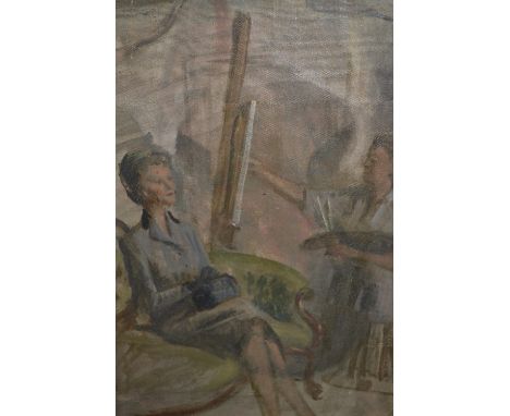 Margot Russell, oil on board, artist and model in a studio and another by the same artist of a young woman in an overcoat