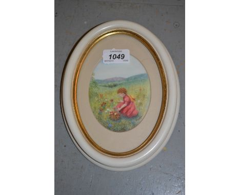 B. Hamlyn, small watercolour on ivorine, a child picking flowers, oval mounted and framed, together with a lithograph of two 
