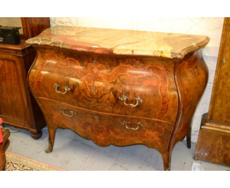 19th Century Continental burr walnut marquetry inlaid bombe commode, the marble top above three drawers raised on low ormolu 