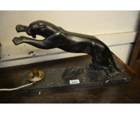 Art Deco dark patinated spelter figural table lamp in the form of a leaping panther (shade at fault)