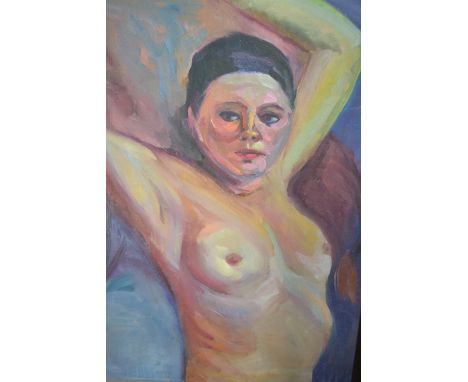 Oil on board, reclining nude female and another unframed oil on canvas, half length portrait of a seated clergyman, signed E.