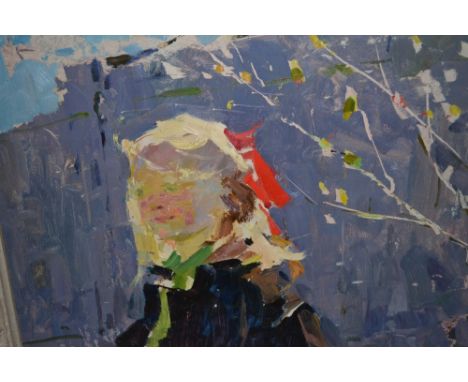 Russian school oil on board, head and shoulder portrait of a girl with mountains to the background, indistinctly inscribed ve