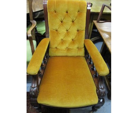 Late Victorian mahogany gold button upholstered open arm drawing room chair with spindle turned uprights and turned front sup