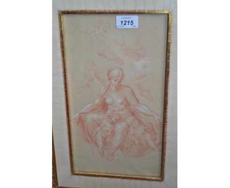 Gilt framed sepia drawing, portrait of a seated classical female with putti