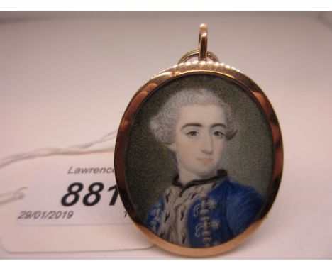18th Century gold mounted portrait miniature on ivory of a gentleman wearing a blue ermine trimmed jacket, the locket type fr