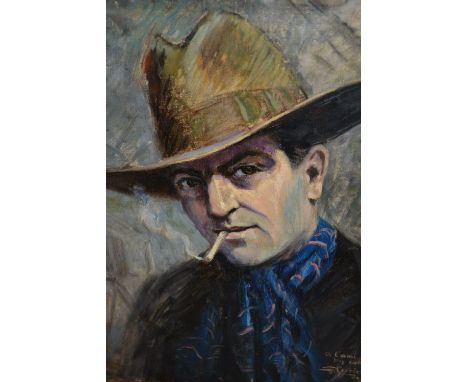 Oil on canvas, head and shoulder portrait of a gentleman in a trilby hat, indistinctly signed and inscribed, dated 1926, 21.5