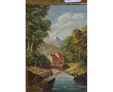 Italian oil on copper, mountainous river landscape with cottage and bridge, gilt framed, signed Zanetti, 9ins x 7ins, togethe