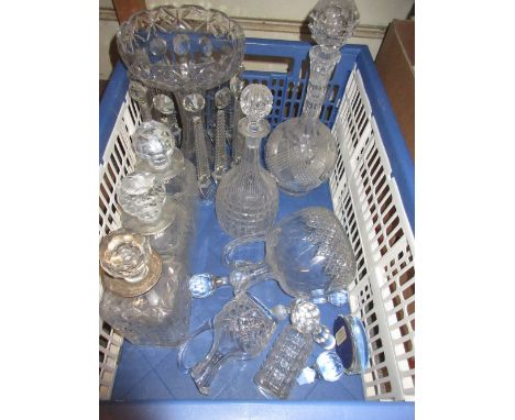 Silver mounted cut glass decanter, pair of cut glass decanters, cut glass lustre with prismatic drops (at fault) and other mi