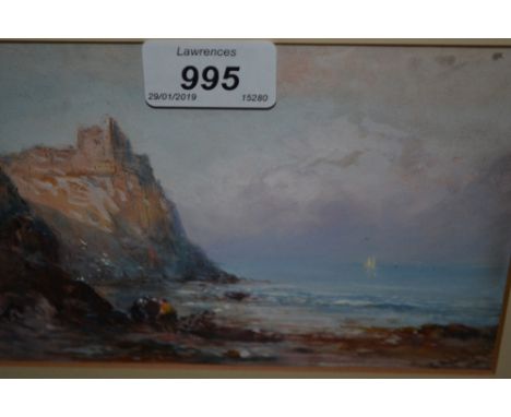 R. Malcolm Lloyd, signed gouache and watercolour, figures in a coastal landscape at sunset, inscribed verso ' Tantallon Castl