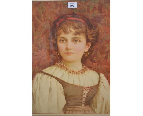 Reginald Barber, watercolour, half length portrait of a girl wearing a red head band, standing before floral wallpaper, signe