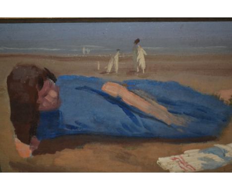 Derwent Lees, oil on canvas, lady resting on a beach with figures playing cricket to the background, signed verso, 10ins x 15