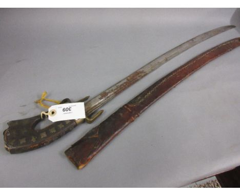 Antique Turkish sabre with leather scabbard CONDITION REPORT Condition of handle and blade as shown in photos.Blade has rust 