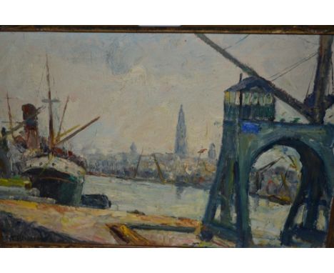 K. Bergman ?, signed impressionist style oil, port scene, 9.5ins x 14ins