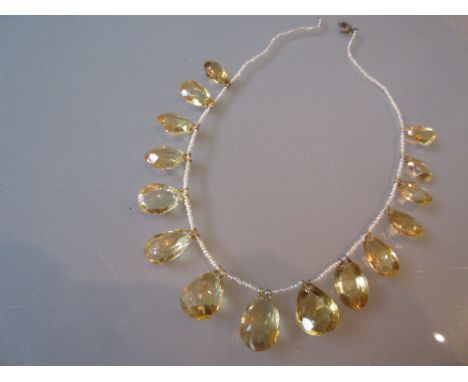 19th Century graduated facet cut citrine and seed pearl necklace (at fault)