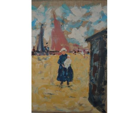 20th Century oil on canvas, Dutch scene with figure holding a baby and distant boats, gilt framed, 15ins x 11ins, unsigned, t