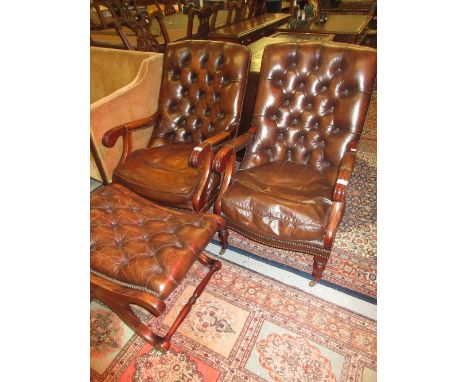 Pair of reproduction mahogany and brown button leather upholstered open arm library chairs on baluster turned front supports,