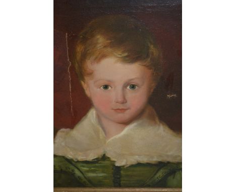 19th Century head and shoulder portrait of a young boy, unsigned, gilt framed (at fault), 13ins x 11ins