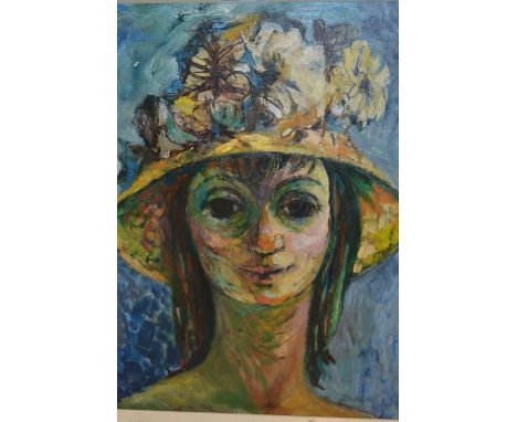 Iris Blain, oil on board, portrait of a girl wearing a floral hat, unsigned, inscribed verso ' Finery ', Iris Blain, 1966, 16