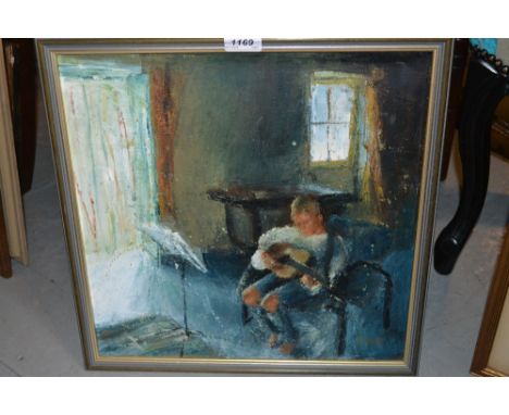 Modern oil on canvas, boy playing a guitar in an interior, signed with monogram A.M., 15.5ins square, framed