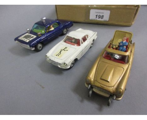 Three Corgi die-cast metal model vehicles, James Bond Aston Martin DB 5, the Saint Volvo P1800 and U.N.C.L.E. Oldsmobile Supe