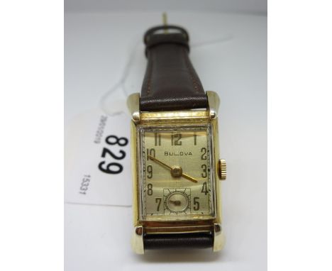 Bulova Art Deco design wristwatch with manual wind movement and a gold filled case on a brown leather strap CONDITION REPORT 