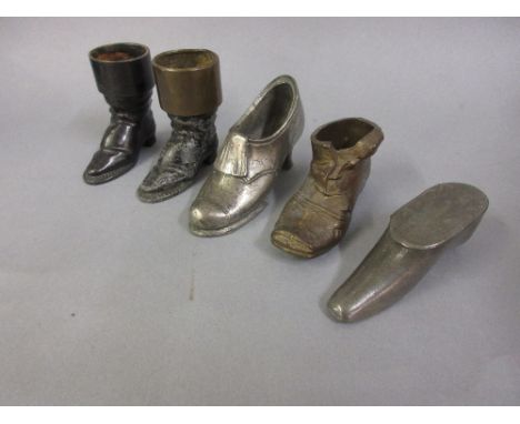 19th Century pewter snuff shoe with hinged cover together with four various miniature model boots / shoes