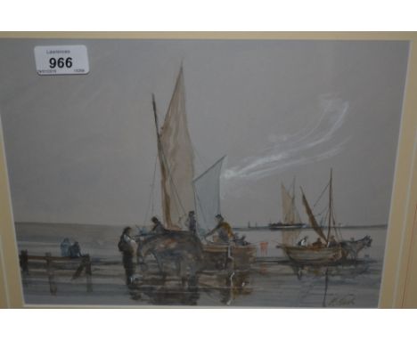 F. Firth, watercolour, coastal scene with fishing vessels, signed, 9ins x 12ins, framed, together with a small framed pencil 