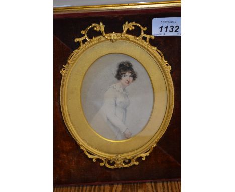 19th Century oval watercolour, miniature portrait of a lady in white gown, housed in an oval gilt and velvet frame
