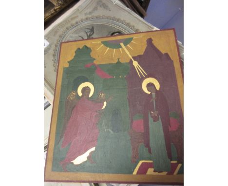 Oil on gilt ground panel, portrait of The Madonna with angels in attendance, 11ins x 9.5ins approximately