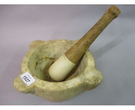 Antique marble mortar with later ceramic pestle having wooden handle (at fault), marked Carrow and Adkin, London