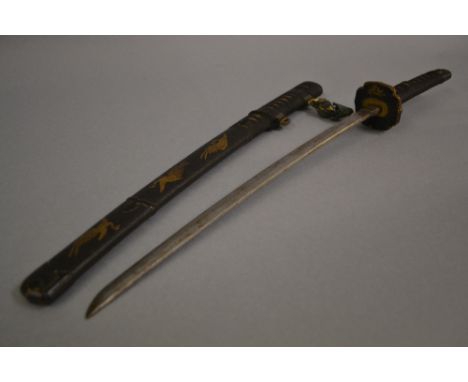 Child's late 19th or early 20th Century Japanese miniature Katana with a gilt decorated leather scabbard and cord bound grip 