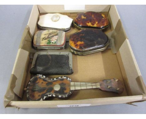 Collection of five various small 19th Century purses and a miniature tortoiseshell model of a guitar