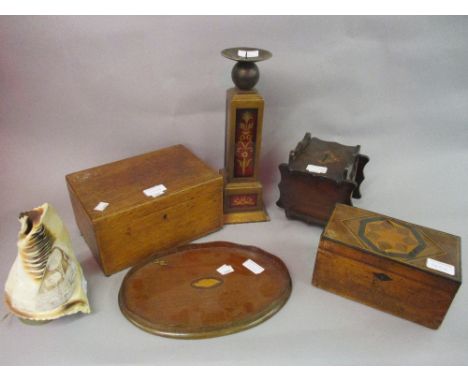 Small mahogany and inlaid oval drinks tray, a 19th Century wooden money box, an oak box, conch shell lamp, a giltwood candle 